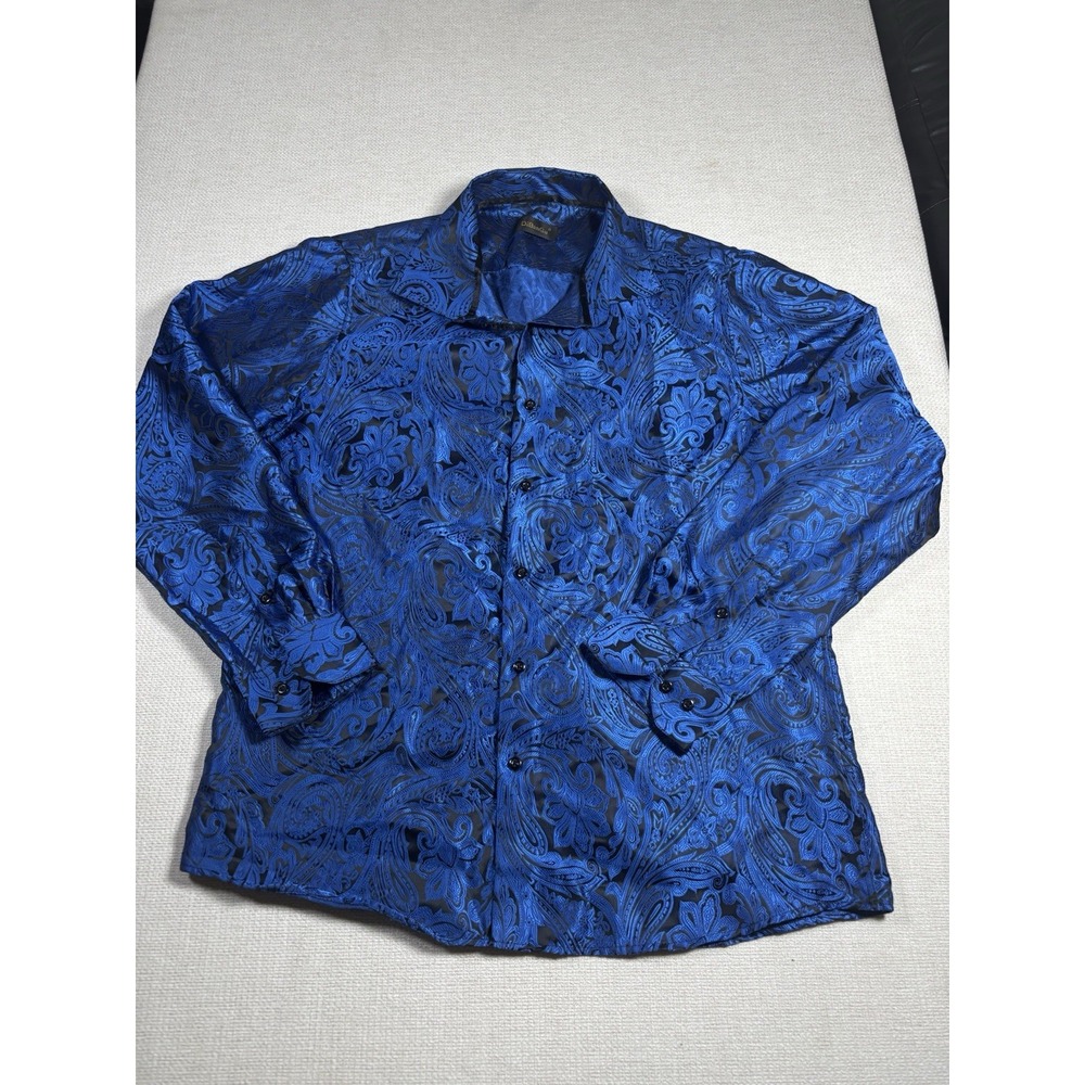DiBanGu Paisley Button-Down Men's L Blue Black Excellent Long Sleeve Silk-Like